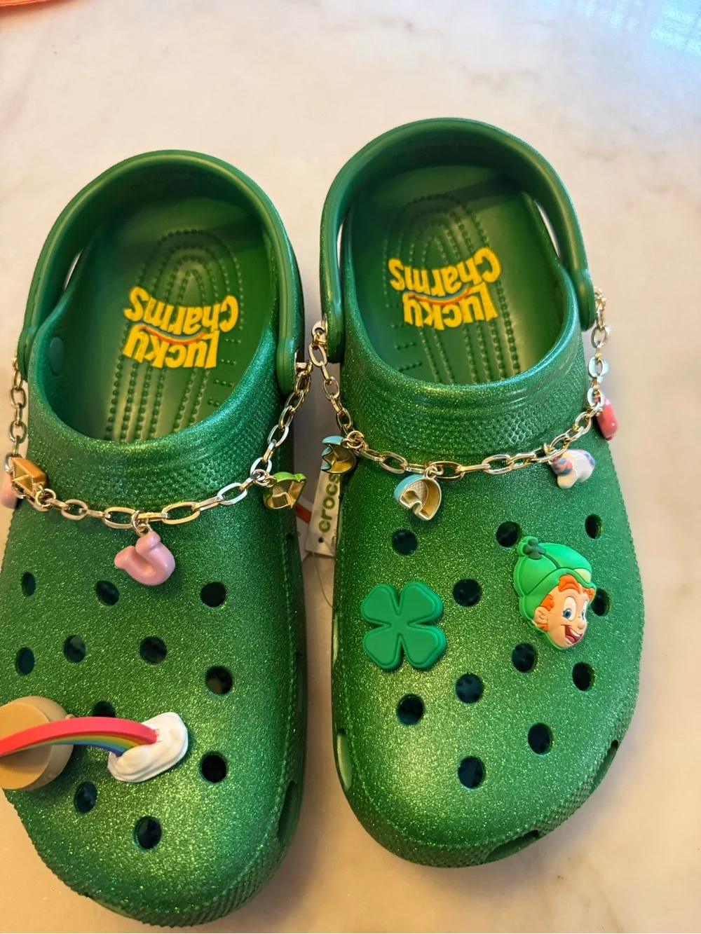 CROCS Men's Green Glitter Clogs with Charm Chain